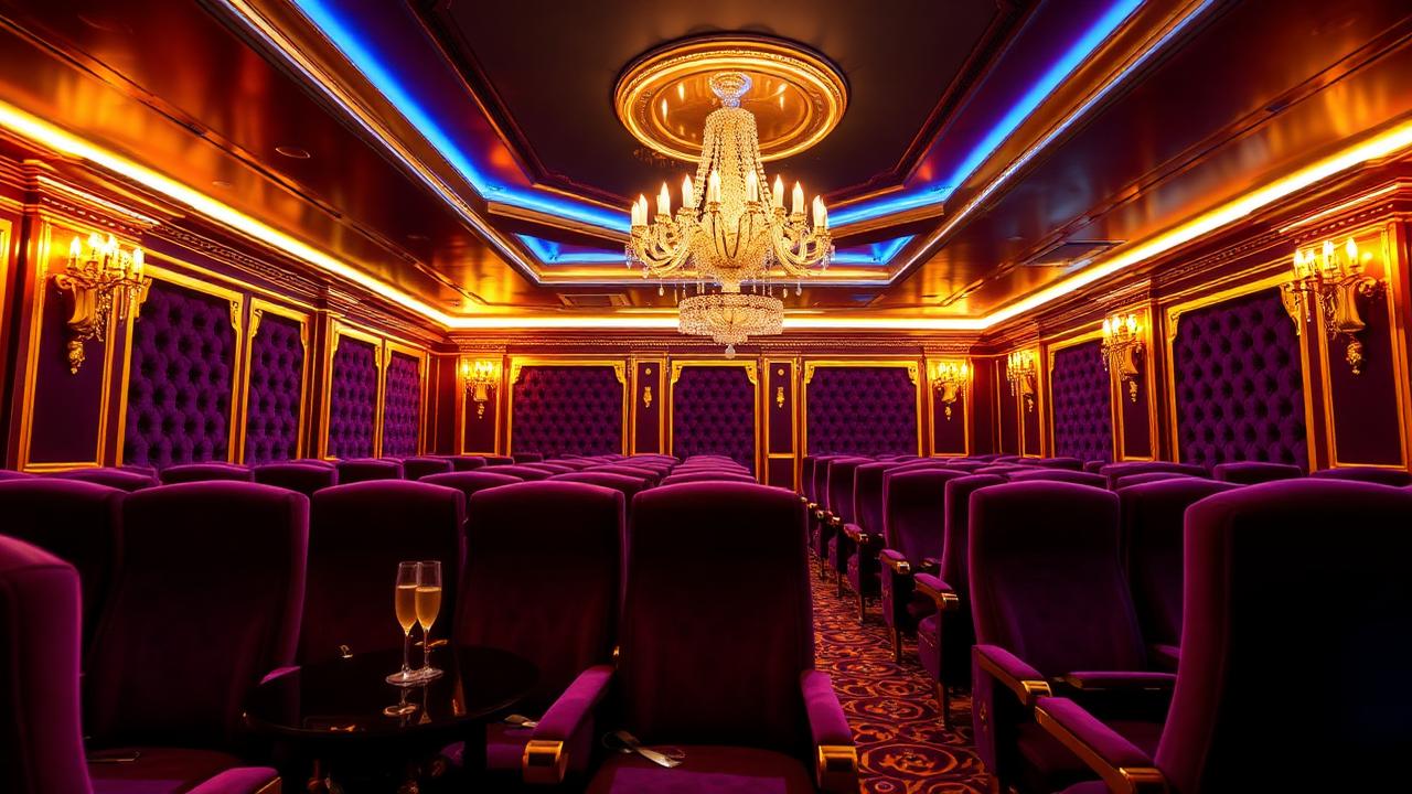 ThrillCoins VIP lounge with deep purple velvet seating and gold chandelier
