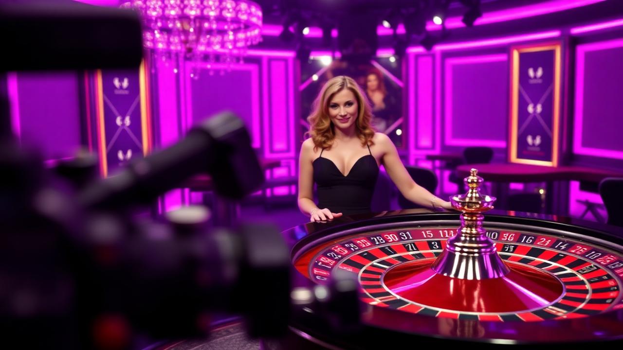ThrillCoins live dealer behind a roulette wheel in a magenta-lit studio