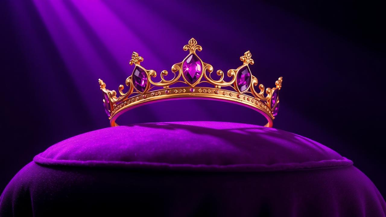 A gold and amethyst ThrillCoins VIP crown resting on a purple velvet cushion